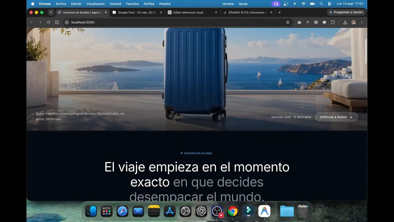 Así creo webs increíbles en minutos con IA: Antigravity, Gemini, ChatGPT y una experiencia premium de viajes 1 Página de viajes con texto central y una maleta turquesa sobre un paisaje tropical