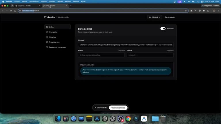 Cómo mis clientes editan su web sin romper el diseño 3 Panel oscuro de administración con formulario para configurar un aviso