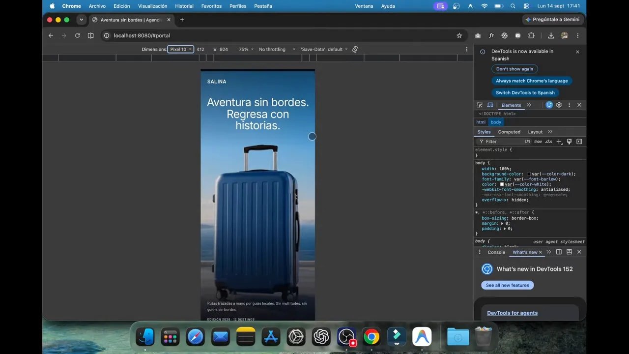 Así creo webs increíbles en minutos con IA: Antigravity, Gemini, ChatGPT y una experiencia premium de viajes 5 Vista móvil de una página de viajes con maleta azul y texto sobre fondo de cielo