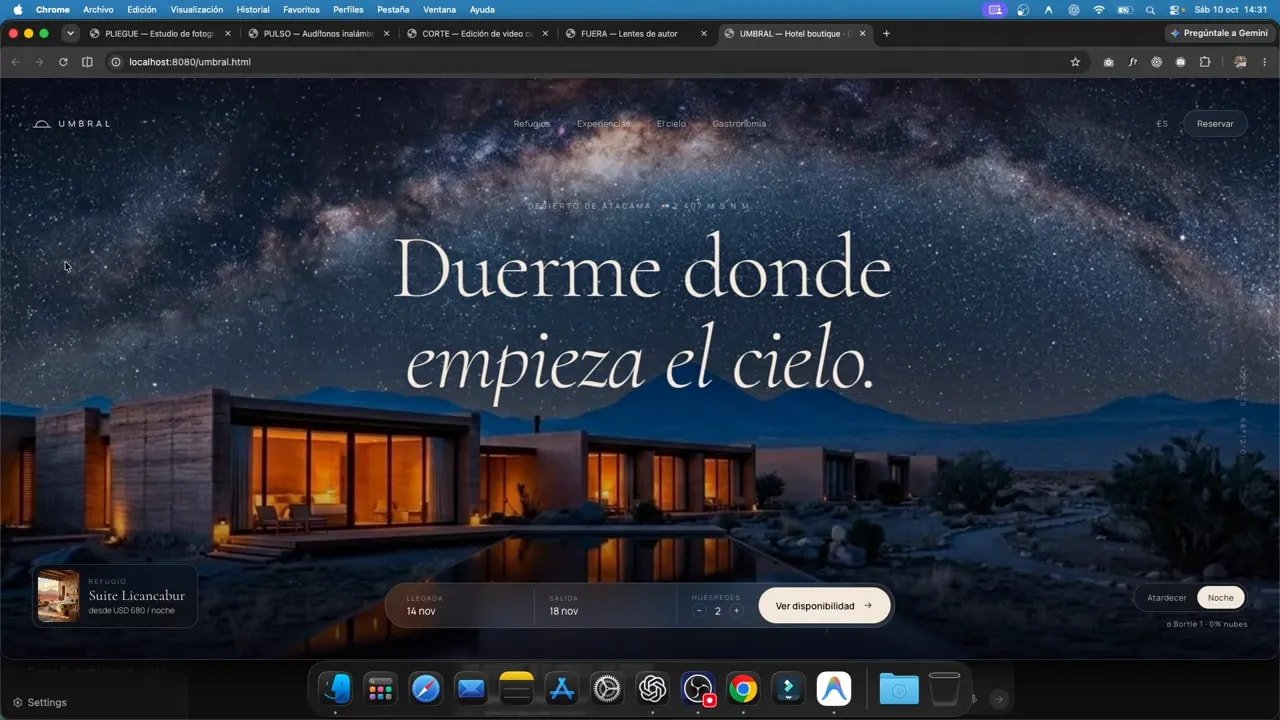 Sección de alojamiento con una construcción iluminada, cielo estrellado, titular centrado y barra inferior