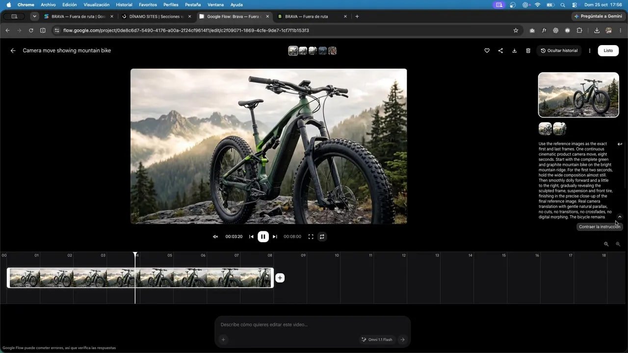 Crea webs cinemáticas nivel agencia con Gemini 4 en Google AI Studio 3 Vista de Flow con un acercamiento a la bicicleta y una línea de tiempo inferior