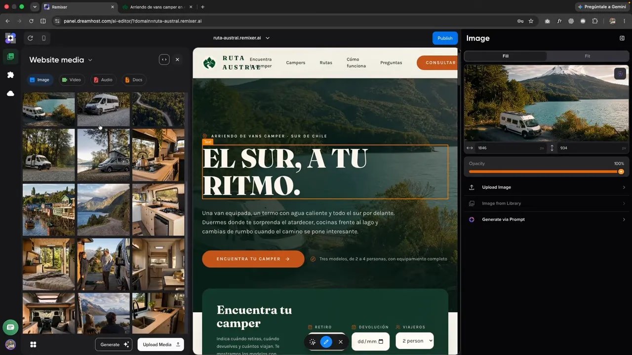 Biblioteca multimedia con miniaturas de campers y paisajes junto al editor de la portada