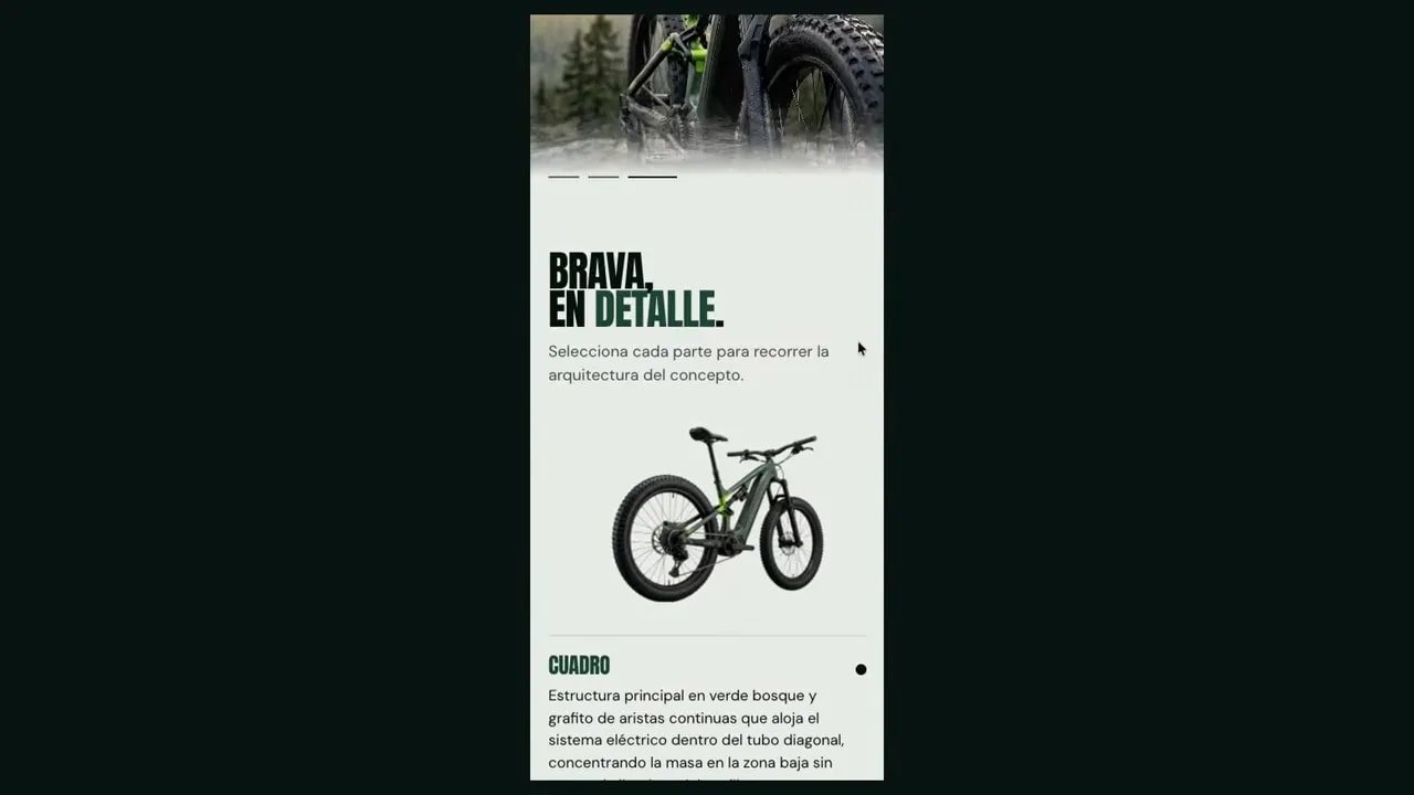Crea webs cinemáticas nivel agencia con Gemini 4 en Google AI Studio 6 Diseño móvil con el título Brava en detalle, una bicicleta y una lista inferior