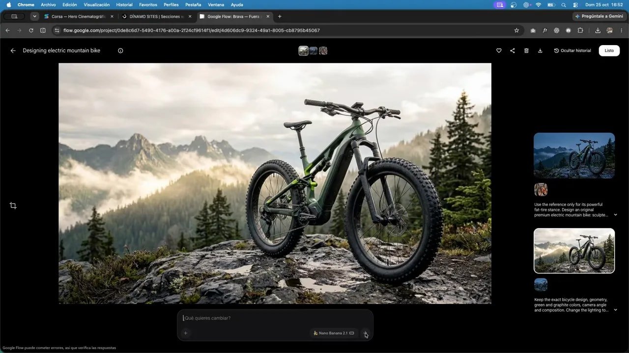 Crea webs cinemáticas nivel agencia con Gemini 4 en Google AI Studio 2 Bicicleta verde sobre rocas con montañas, niebla y luz entre las nubes