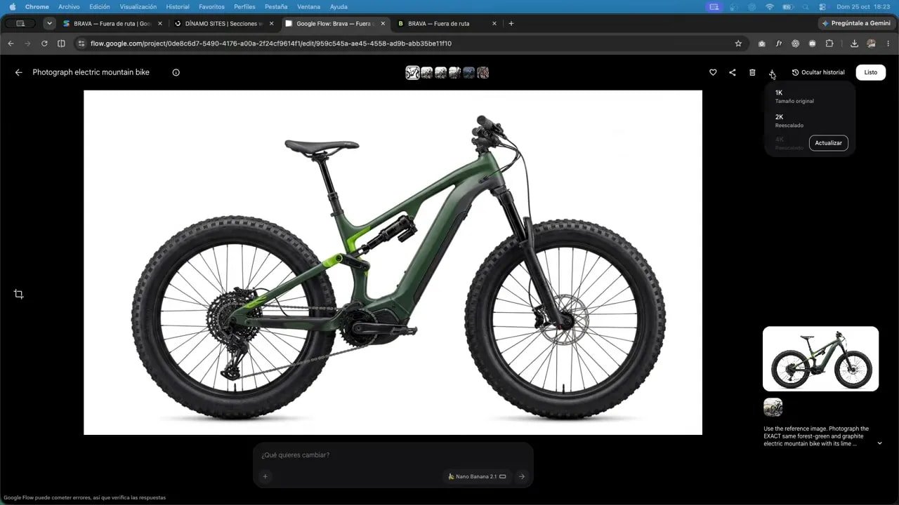 Crea webs cinemáticas nivel agencia con Gemini 4 en Google AI Studio 4 Fotografía lateral de una bicicleta verde completa sobre fondo blanco