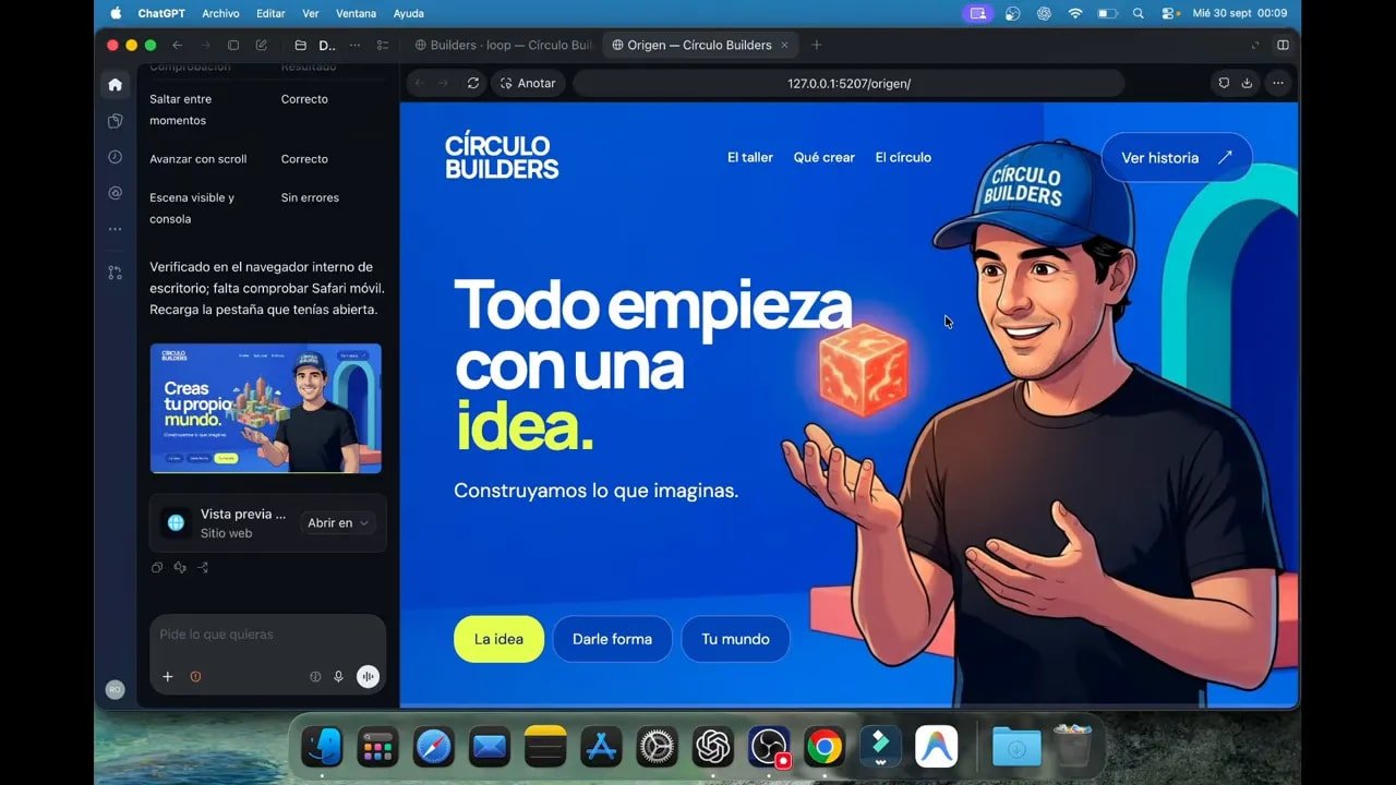 Probé GPT-6.1 Sol creando webs y ya no sé si necesito Astra 2 Cabecera azul de Círculo Builders con un avatar ilustrado y el texto Todo empieza con una idea