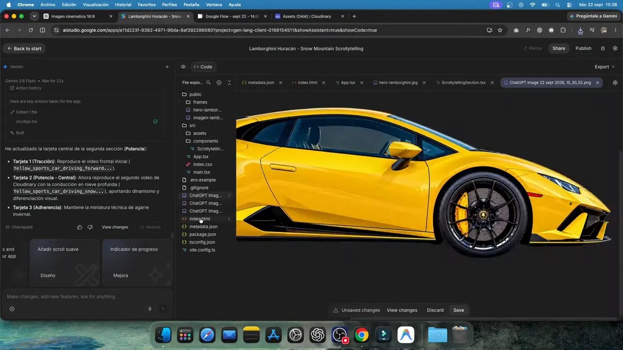 Así creo webs animadas con IA: de una imagen a una experiencia cinematográfica publicada 5 Archivo del paisaje nevado con carretera y montañas sin el Lamborghini