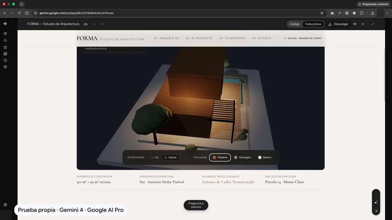 Gemini 4 Argon ya está aquí: ¿es tan bueno como parece? Mis pruebas con webs, juegos y código 6 Maqueta de una casa en modo nocturno con iluminación cálida en el interior