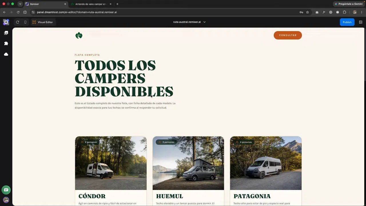Catálogo de campers con una segunda fila de vehículos y sus imágenes