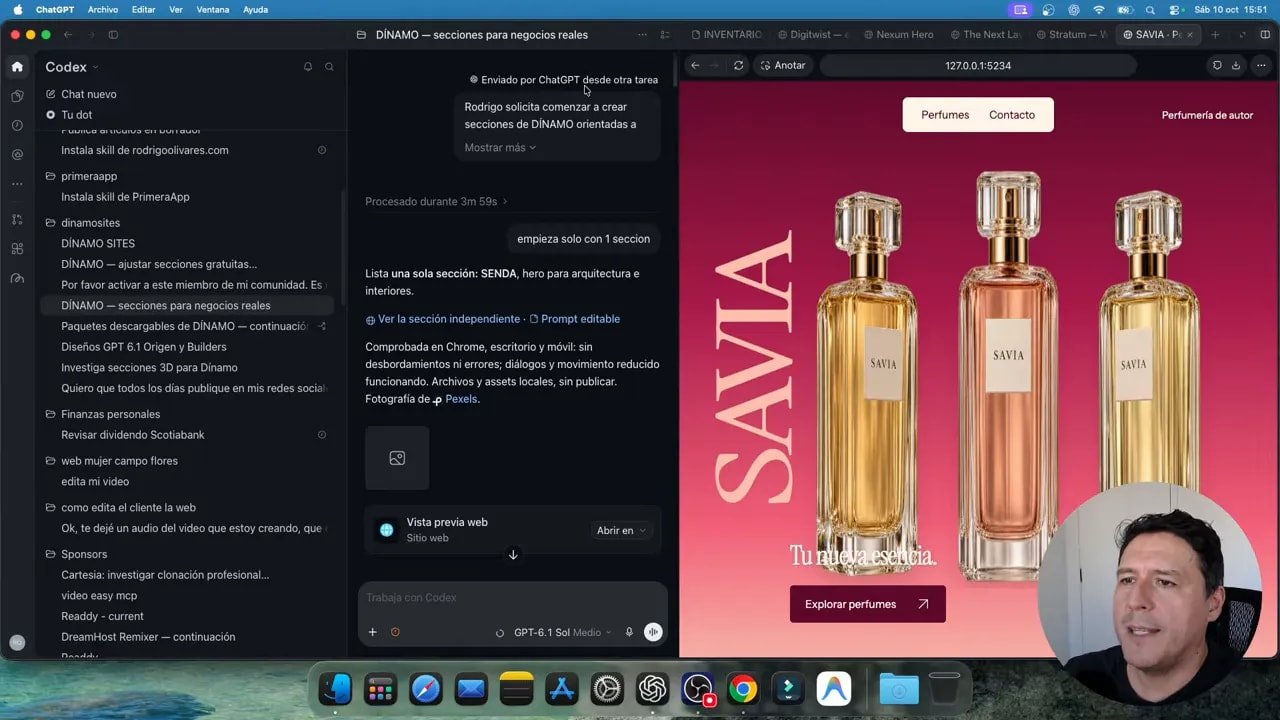 Codex junto a una vista previa de una web rosa con tres frascos y el texto SAVIA