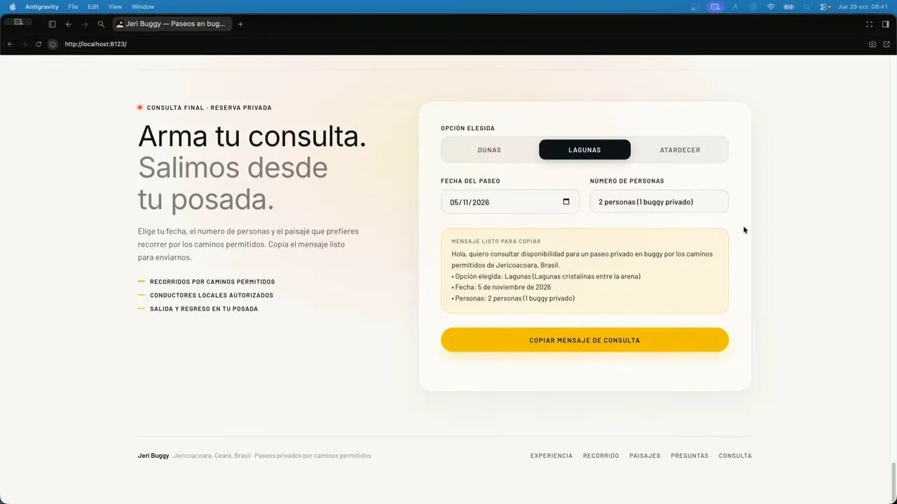 Sección final con texto de consulta, campos de selección y un botón amarillo