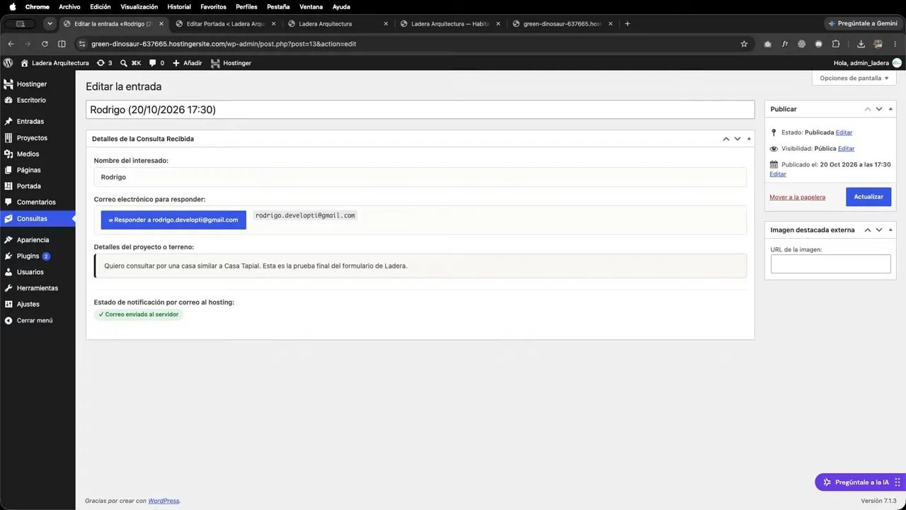 Detalle de una consulta guardada en WordPress con datos del contacto y el mensaje recibido