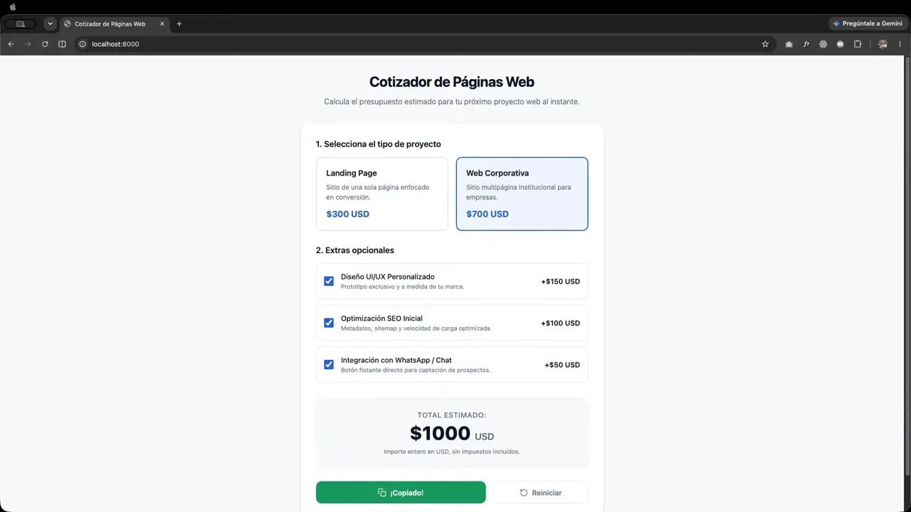 Cotizador con web corporativa, tres extras seleccionados, total de 1000 dólares y botón de copia en verde