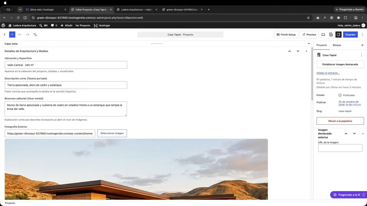 Editor de un proyecto en WordPress con campos de texto e imagen de arquitectura
