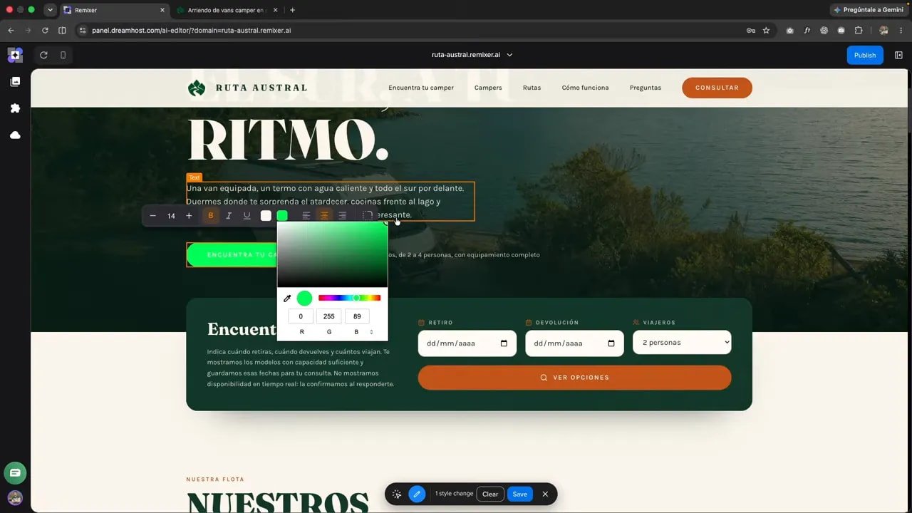 Editor visual con un botón verde y un selector de color abierto