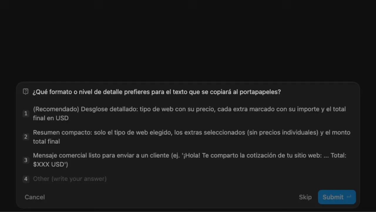 Pregunta con opciones para elegir el formato y el nivel de detalle del presupuesto copiado
