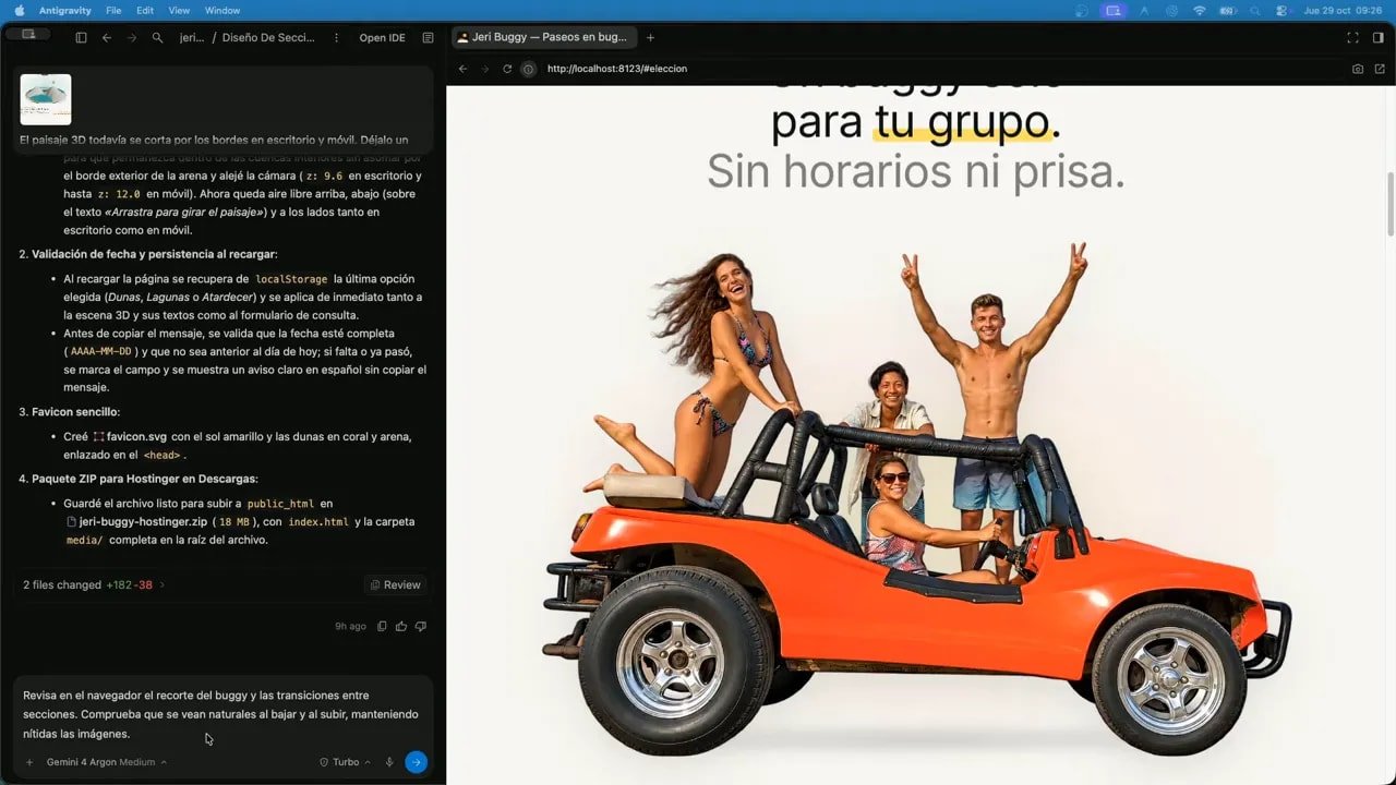 Sección de experiencia con un grupo de amigos sobre un buggy coral recortado en fondo claro