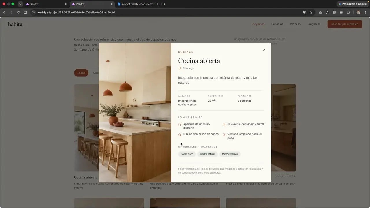 Crea y vende webs en una sola plataforma con Readdy e inteligencia artificial 4 Ficha emergente de un proyecto de cocina con fotografía e información sobre el trabajo