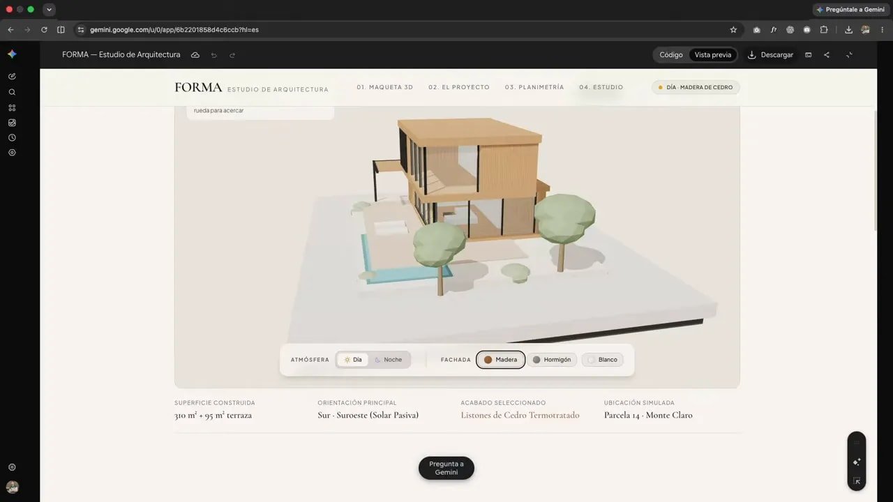 Web de Forma con una casa 3D de acabado madera, terraza y árboles