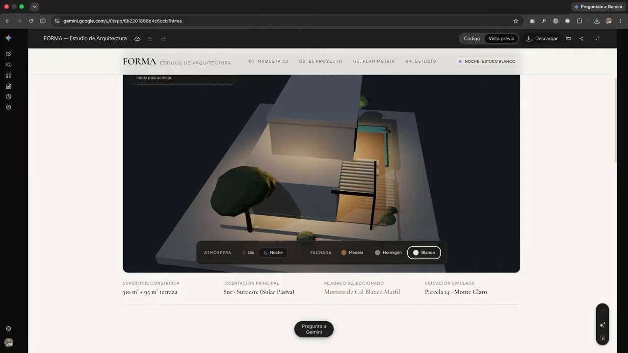 Casa 3D de Forma en un entorno oscuro con iluminación interior encendida