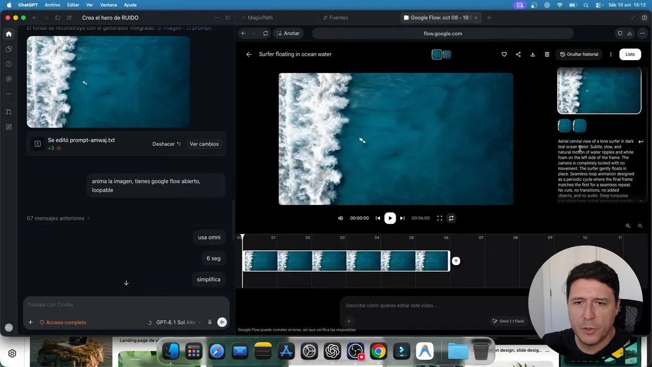 Diseña webs con Codex y MagicPath: un canvas para crear, editar y probar ideas 5 Interfaz de Google Flow con una vista aérea del mar, una tira de fotogramas y un panel de instrucciones