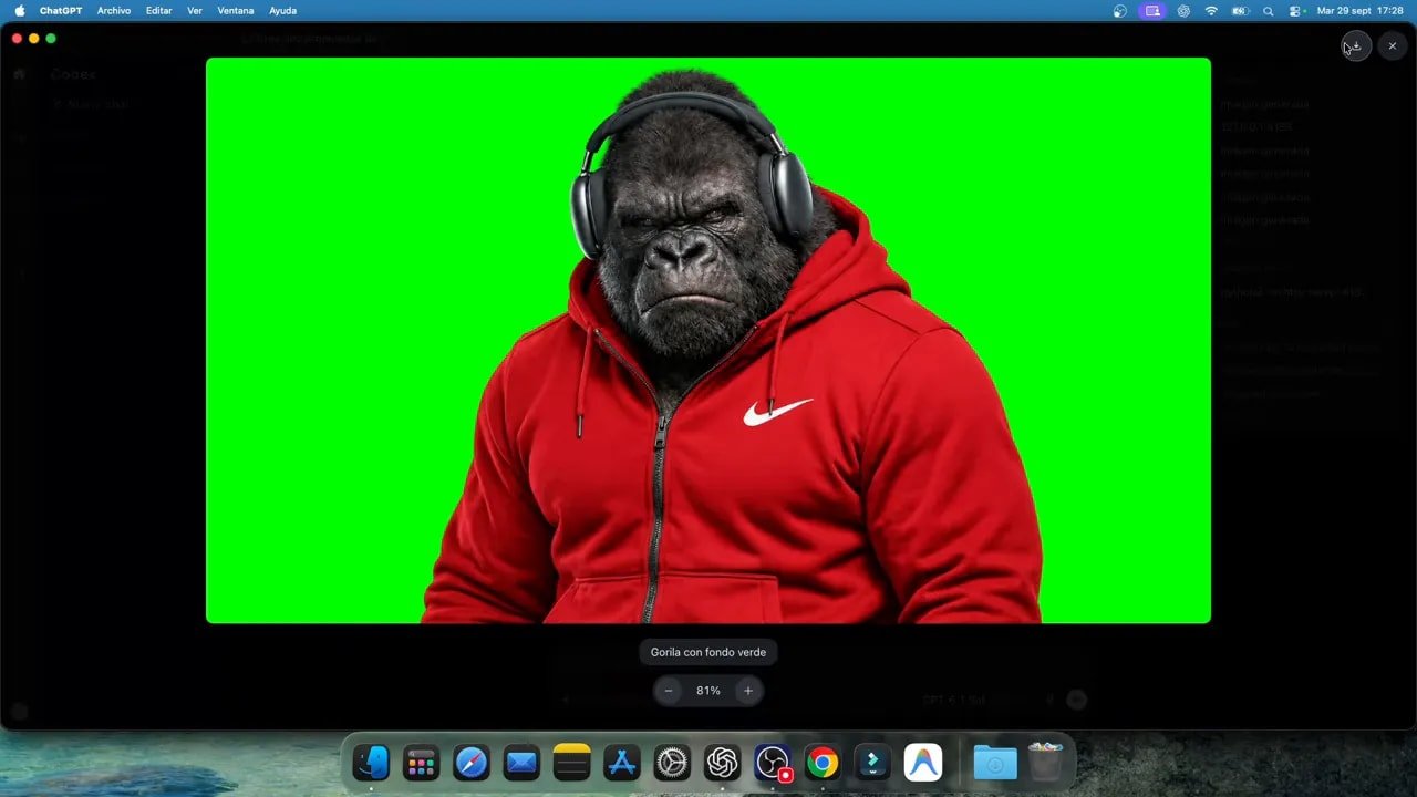 Gorila con sudadera roja sobre un fondo verde uniforme