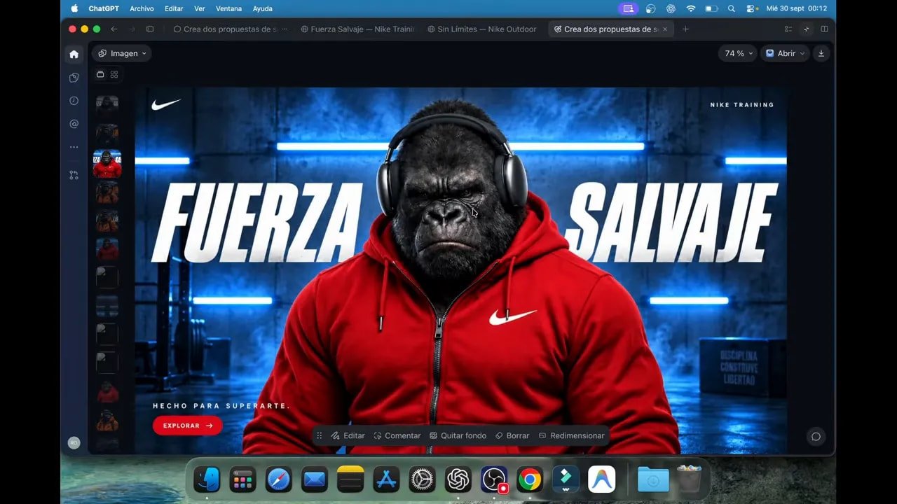 Probé GPT-6.1 Sol creando webs y ya no sé si necesito Astra 4 Sección web con un gorila de sudadera roja delante de las palabras Fuerza salvaje