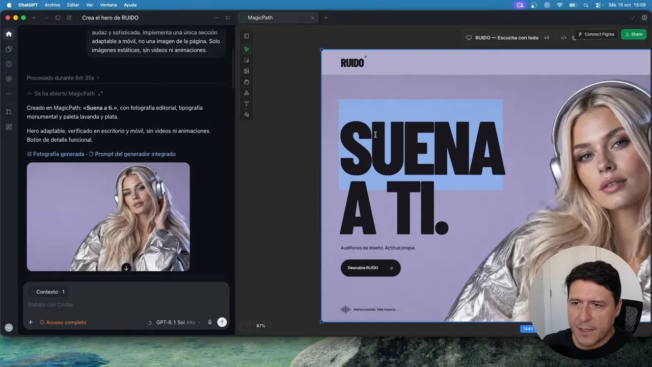 Diseña webs con Codex y MagicPath: un canvas para crear, editar y probar ideas 3 Sección con fondo lila, título negro SUENA A TI y una mujer con audífonos a la derecha