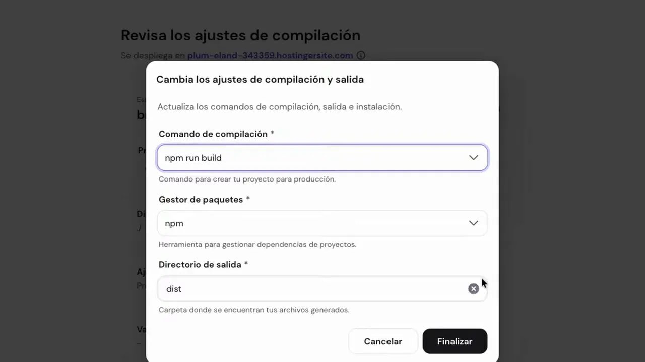 Crea webs cinemáticas nivel agencia con Gemini 4 en Google AI Studio 7 Formulario de Hostinger con el comando npm run build y el directorio de salida dist