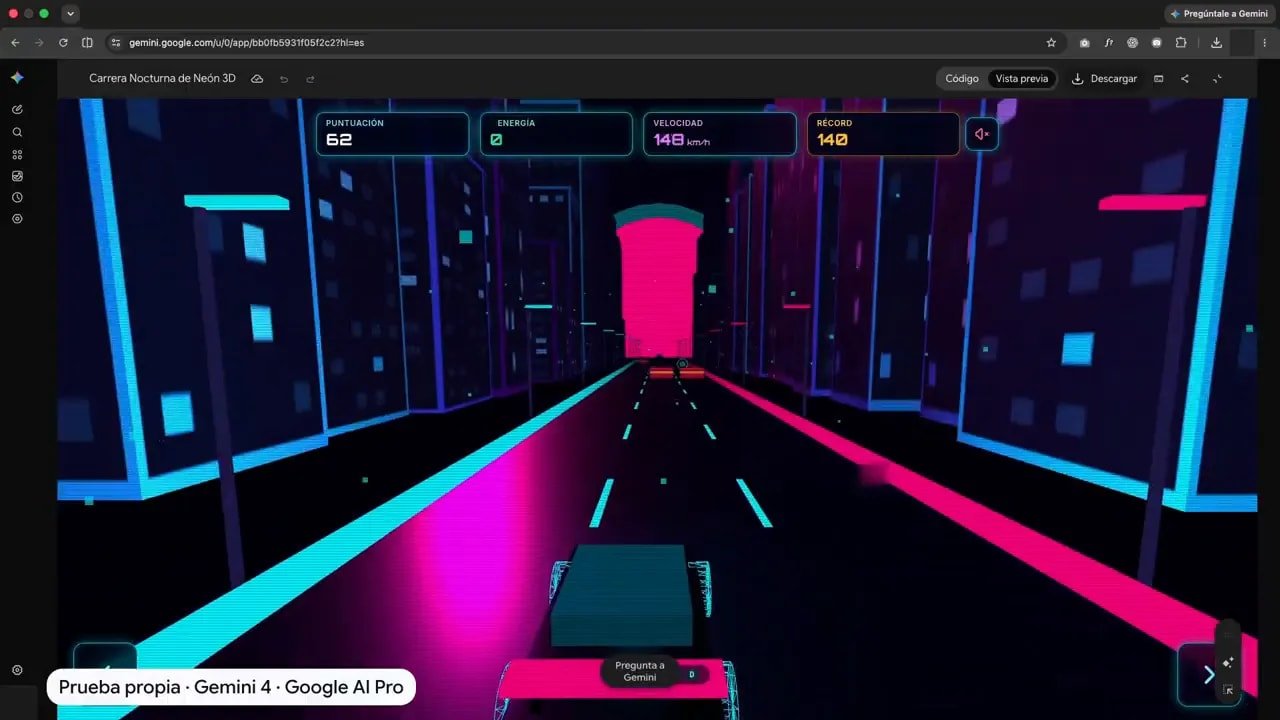 Gemini 4 Argon ya está aquí: ¿es tan bueno como parece? Mis pruebas con webs, juegos y código 4 Auto en una carretera de neón con edificios a ambos lados y marcador superior