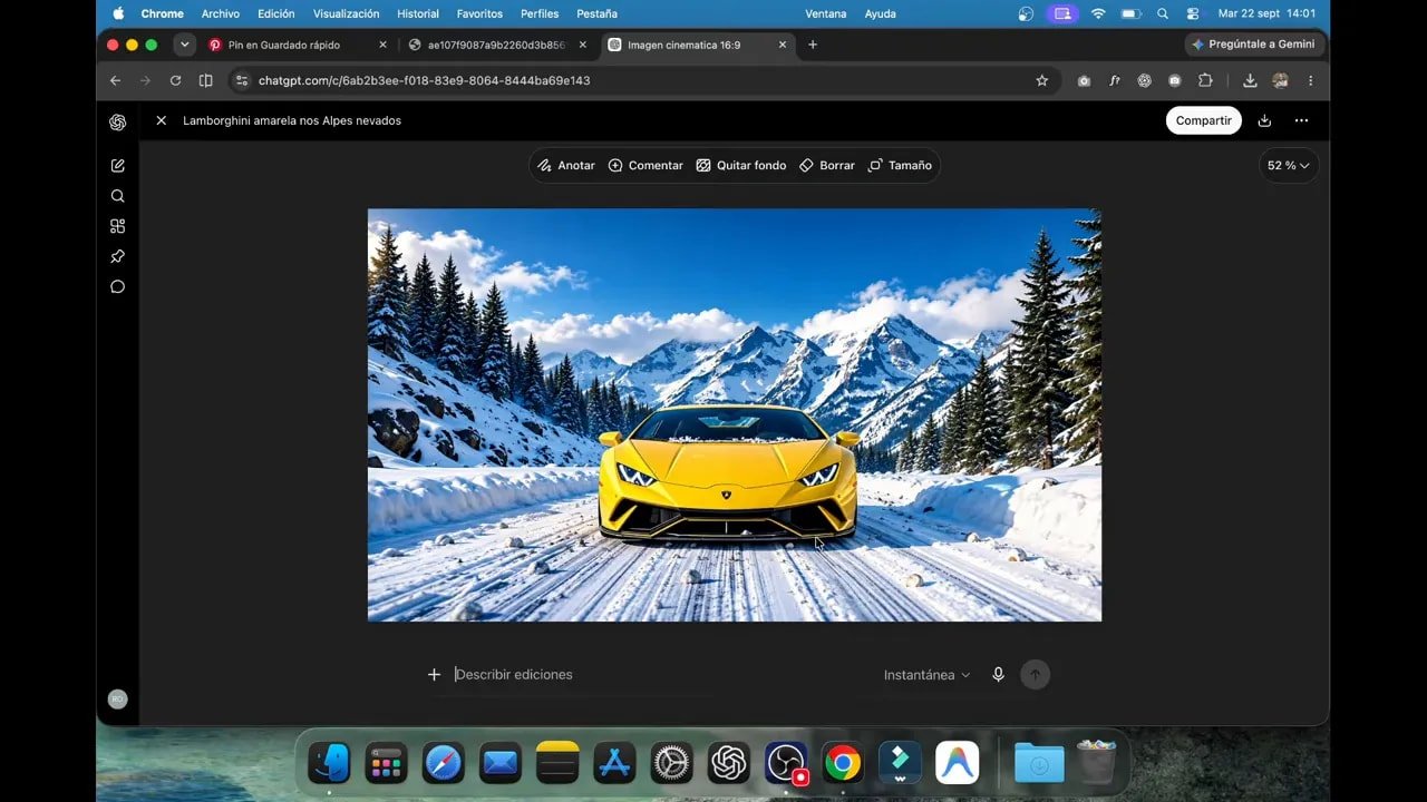 Así creo webs animadas con IA: de una imagen a una experiencia cinematográfica publicada 2 Imagen panorámica de un Lamborghini amarillo de frente en una carretera nevada con montañas al fondo