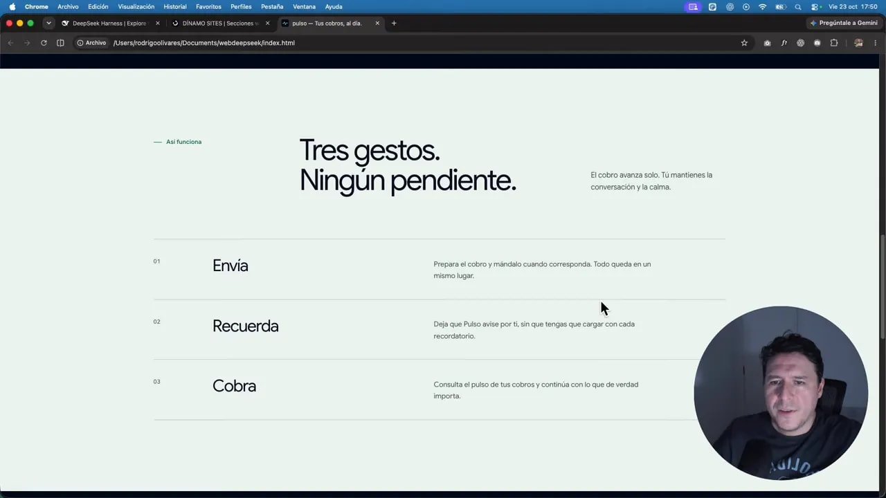 Sección clara de la landing con un titular y tres filas de acciones