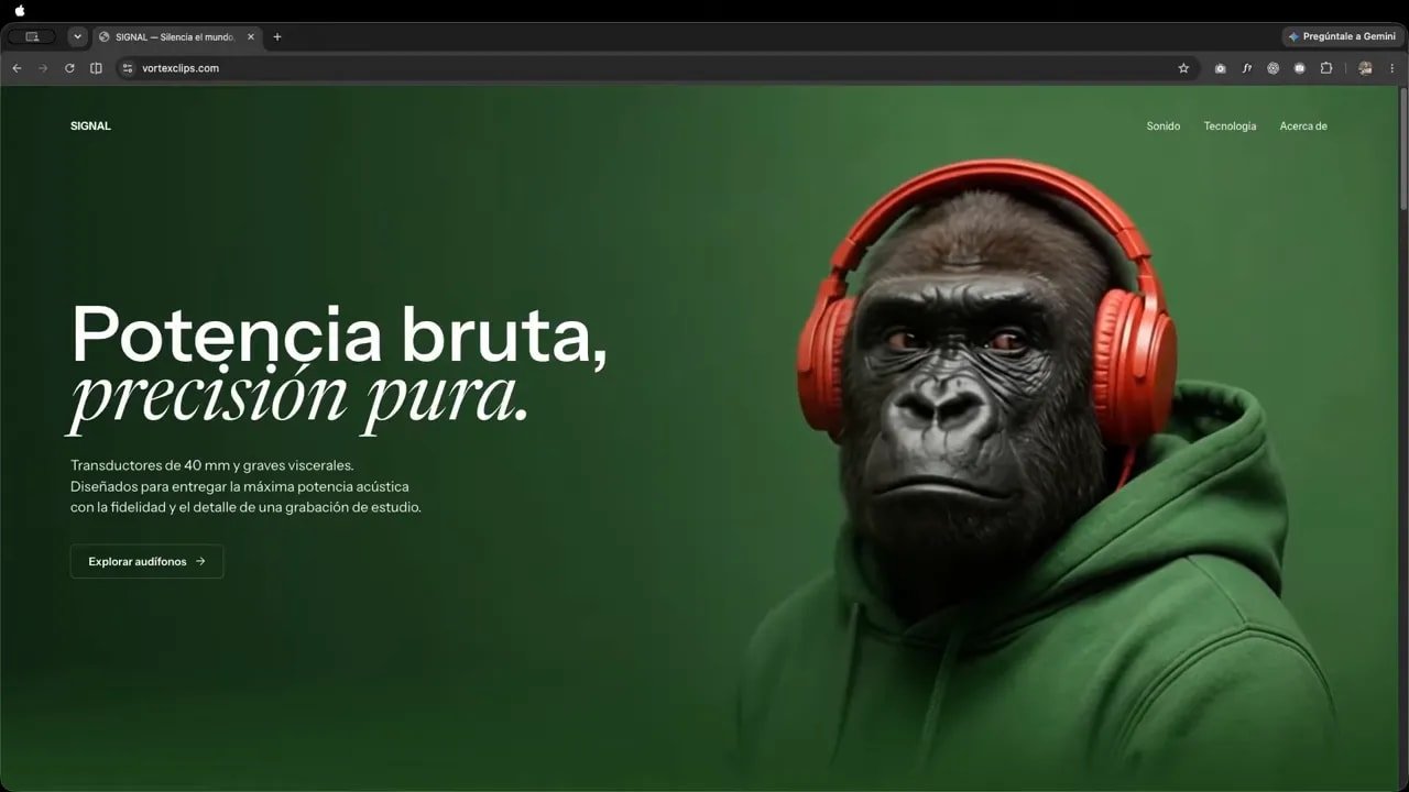 Cómo publicar varias webs y apps en un solo VPS con Coolify y Hostinger 5 Página de Signal con fondo verde, titular y un gorila con auriculares rojos