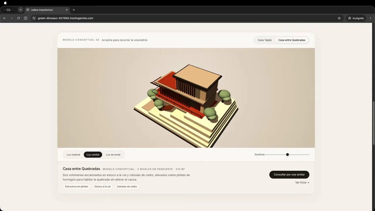 Visor de una maqueta arquitectónica con materiales contrastados, controles y texto del proyecto debajo