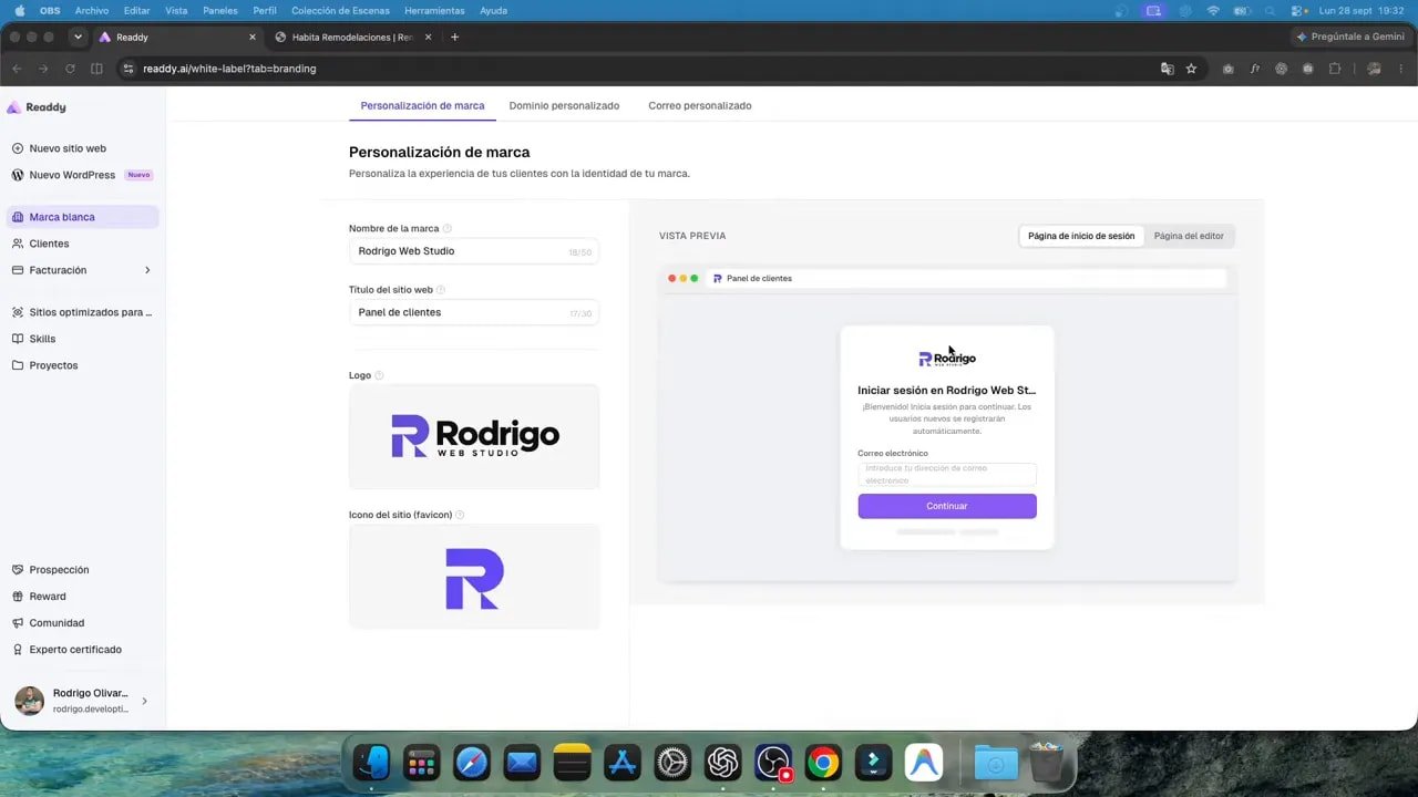 Crea y vende webs en una sola plataforma con Readdy e inteligencia artificial 6 Configuración de marca con el logotipo de Rodrigo Web Studio y una vista previa del inicio de sesión