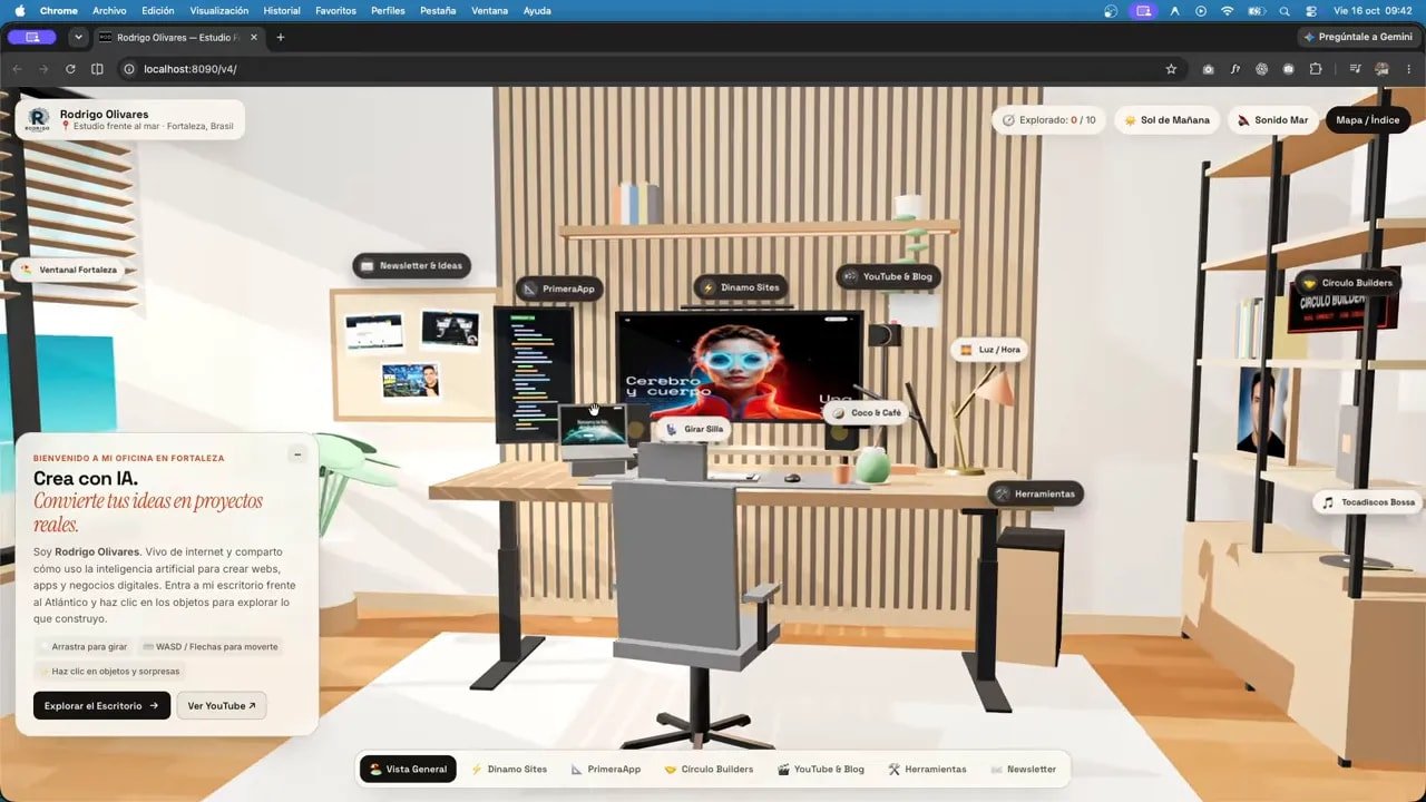 Oficina 3D con escritorio, silla, pared de listones de madera y estantería lateral