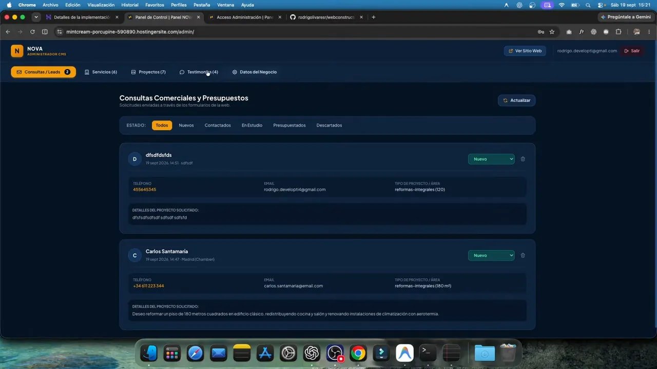 Panel publicado con lista de servicios y controles de administración