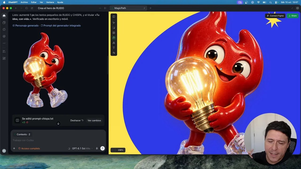 Diseña webs con Codex y MagicPath: un canvas para crear, editar y probar ideas 2 Personaje rojo con bombilla mostrado por separado a la izquierda e integrado en un fondo amarillo y azul a la derecha