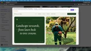 Vista previa de una plantilla de jardinería con bloques verdes y una fotografía de un jardinero