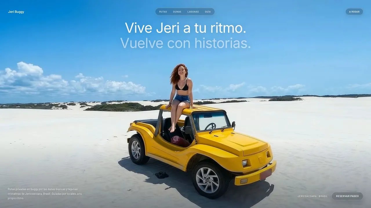 Portada de Jeribuggy con título blanco sobre el cielo y un buggy amarillo en las dunas