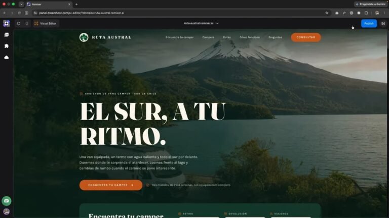 Crea la web de tu negocio con IA usando Remixer: todo en un solo lugar 51 Portada de Ruta Austral con paisaje de montaña, título blanco y botón naranja