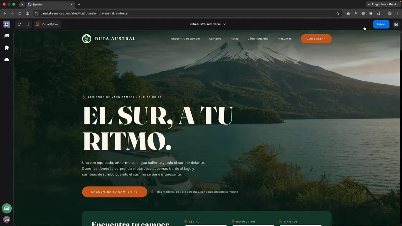 Portada de Ruta Austral con paisaje de montaña, título blanco y botón naranja