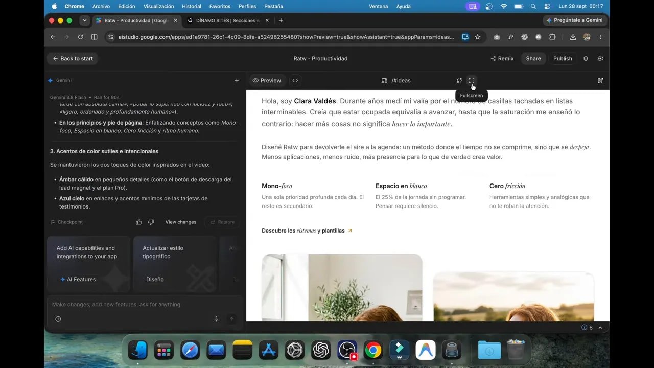 Sección de presentación con texto y dos imágenes de la protagonista