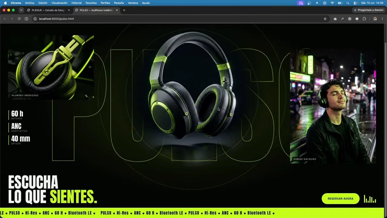 Sección Pulse con auriculares sobre fondo negro, acentos verdes, retrato lateral y llamada a la acción