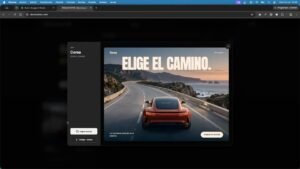 Sección Corsa con un automóvil y un título grande sobre una carretera