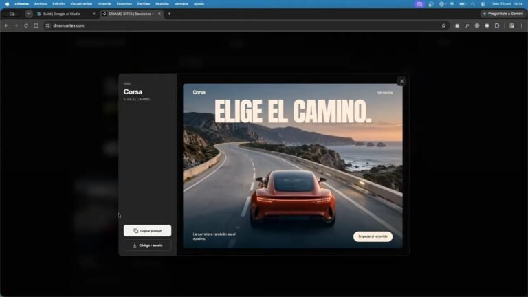 Sección Corsa con un automóvil y un título grande sobre una carretera