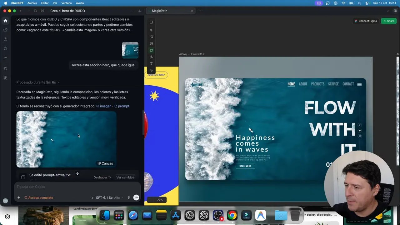 Diseña webs con Codex y MagicPath: un canvas para crear, editar y probar ideas 4 Imagen del mar sin texto en el panel izquierdo y sección marina con el título FLOW WITH IT en el canvas