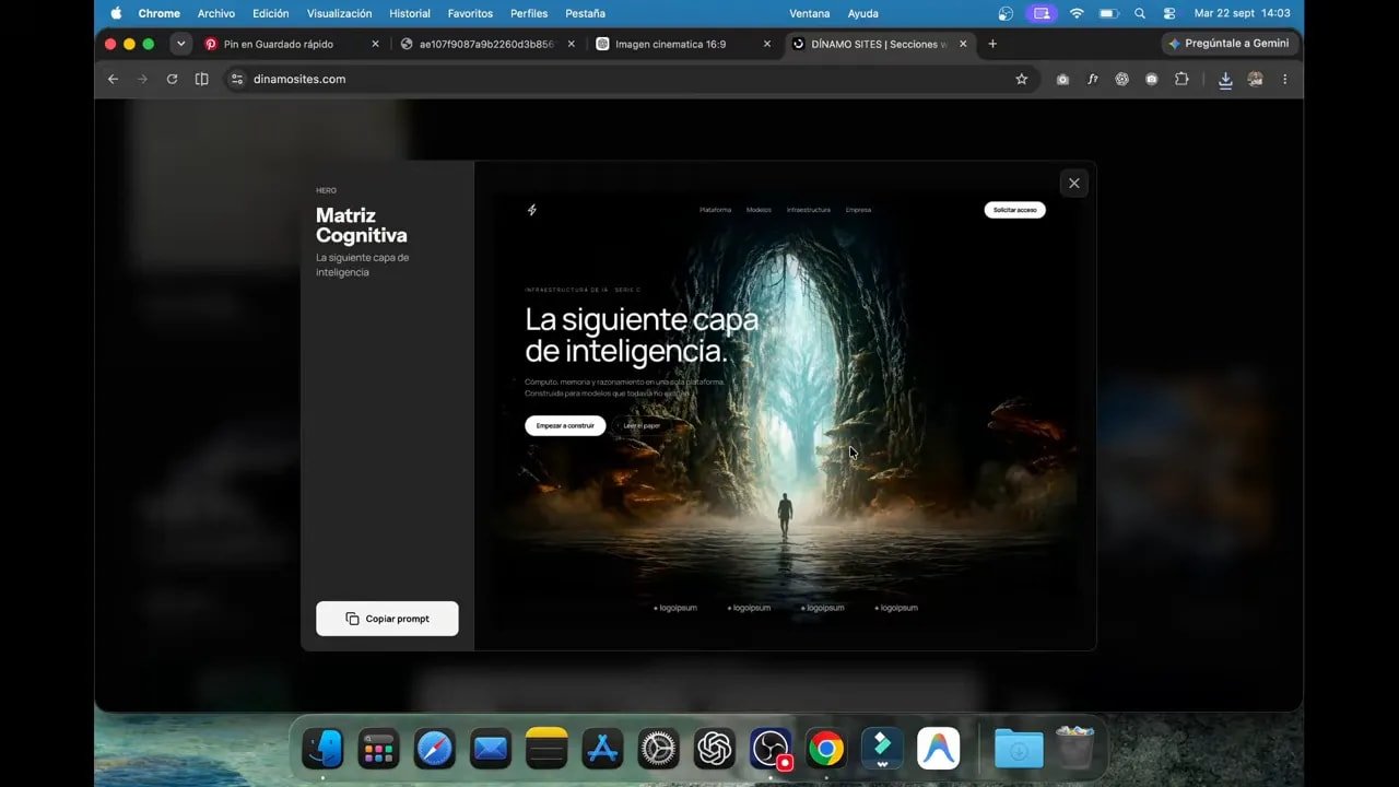 Así creo webs animadas con IA: de una imagen a una experiencia cinematográfica publicada 3 Vista de una referencia de portada en Dínamo Sites con texto sobre una imagen oscura