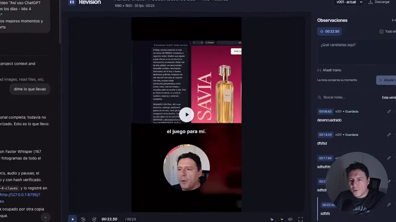 Panel de revisión con un video vertical en el centro y observaciones a la derecha