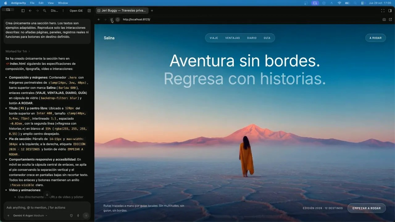 Antigravity con una conversación a la izquierda y la portada Ruta Salina a la derecha